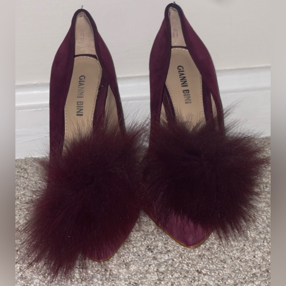 Gianni Bini Burgundy Suede Fox Fur Heels
